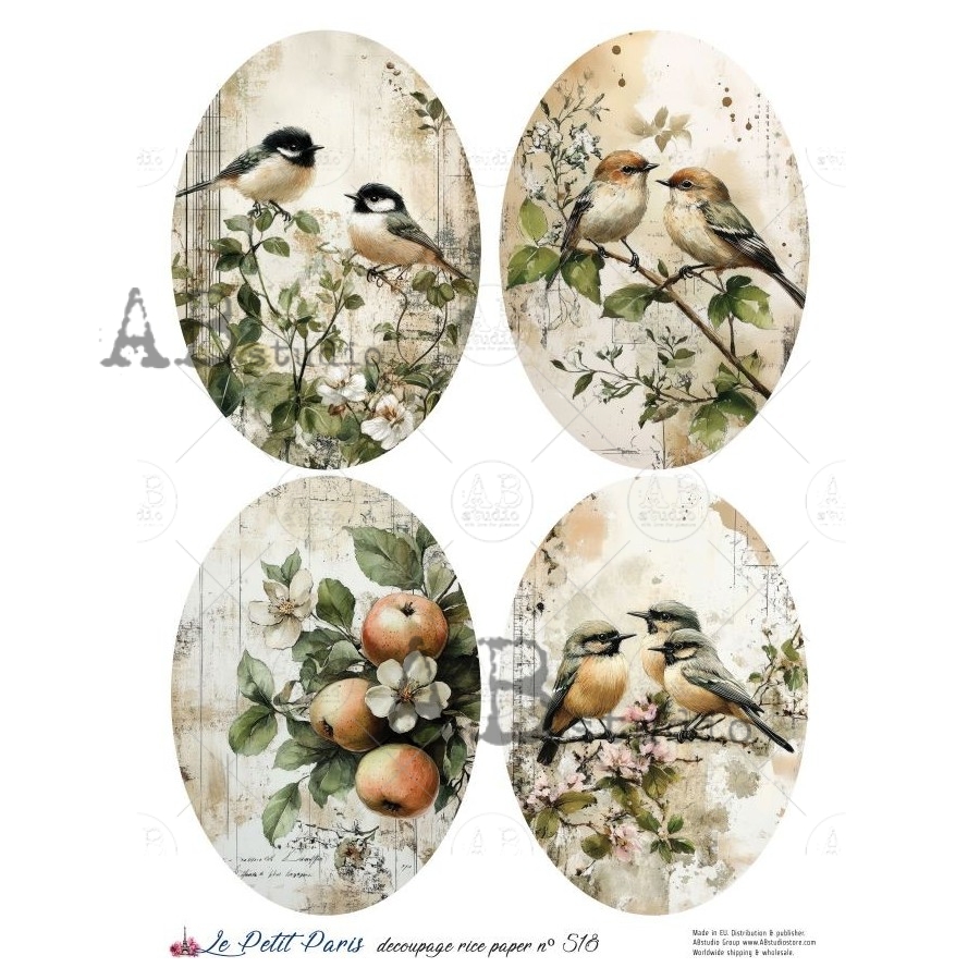 Hârtie de orez – Birds in Oval Medallions – A4 1 Hârtie de orez – Birds in Oval Medallions – A4