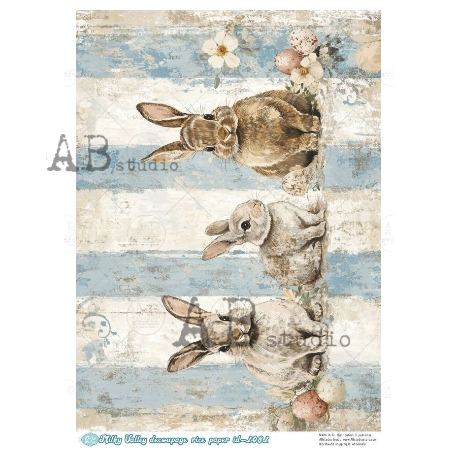 Hârtie de orez – Bunnies and Blue Stripe – A4 1 Hârtie de orez – Bunnies and Blue Stripe – A4