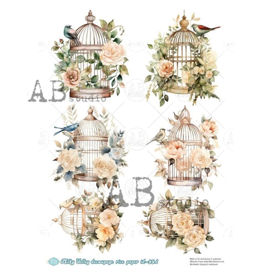 Hârtie de orez – Cage with Flowers 2 – A4 1 Hârtie de orez – Cage with Flowers 2 – A4