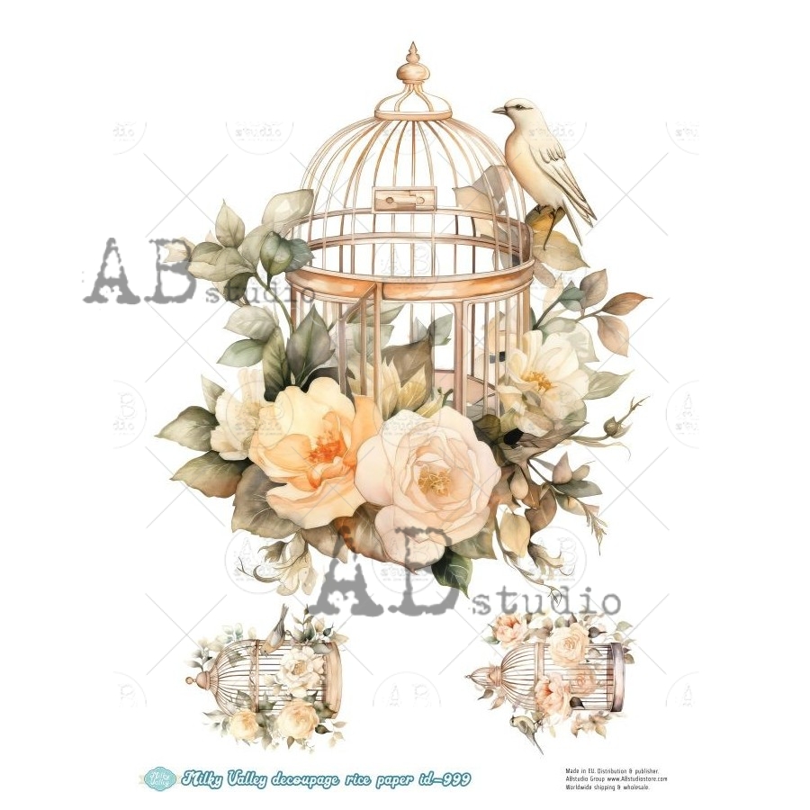 Hârtie de orez – Cage with Flowers – A4 1 Hârtie de orez – Cage with Flowers – A4