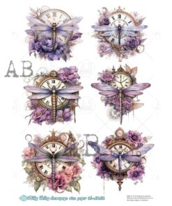 Hârtie de orez – Flower Clock and Dragonfly – A4