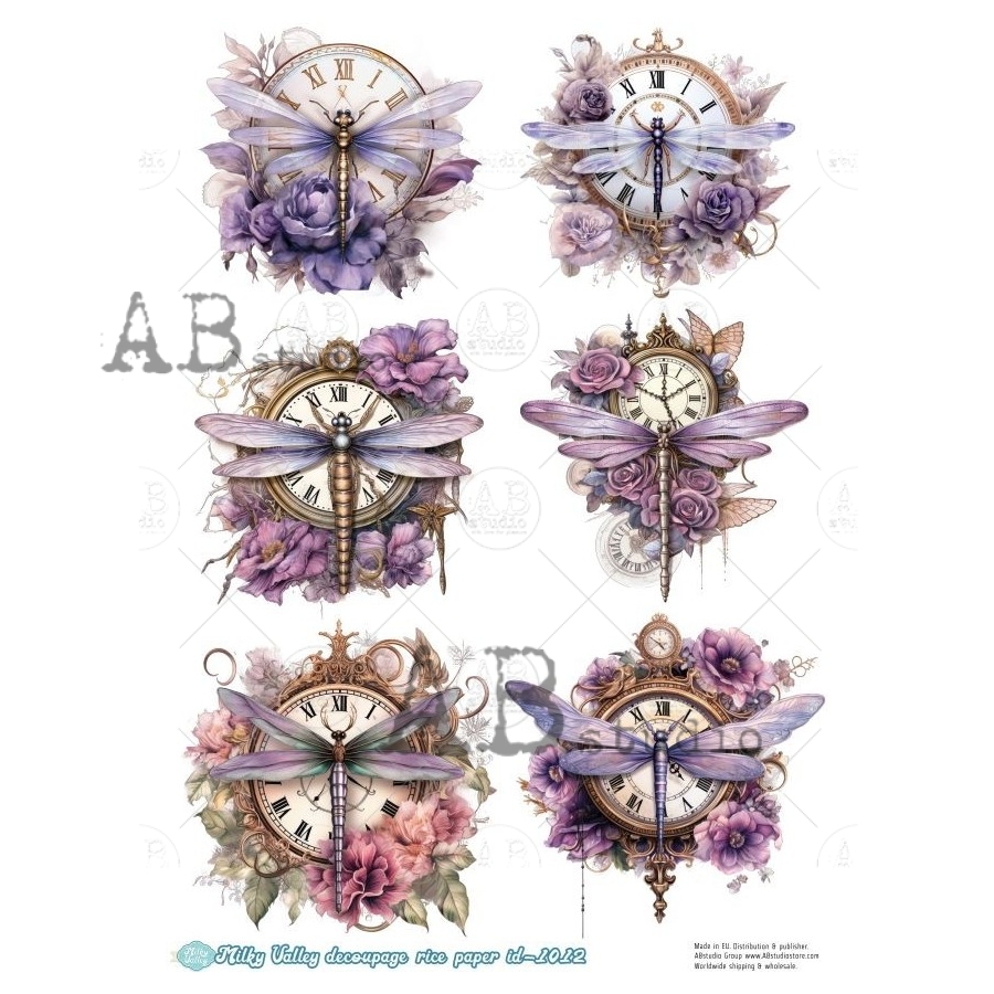 Hârtie de orez – Flower Clock and Dragonfly – A4 1 Hârtie de orez – Flower Clock and Dragonfly – A4