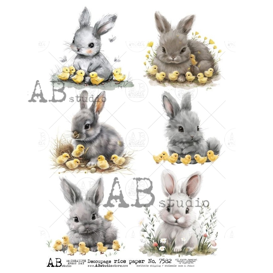 Hârtie de orez – Grey Bunnies – A4 1 Hârtie de orez – Grey Bunnies – A4