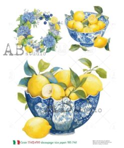 Hârtie de orez – Lemons and Hydrangea 2 - A4