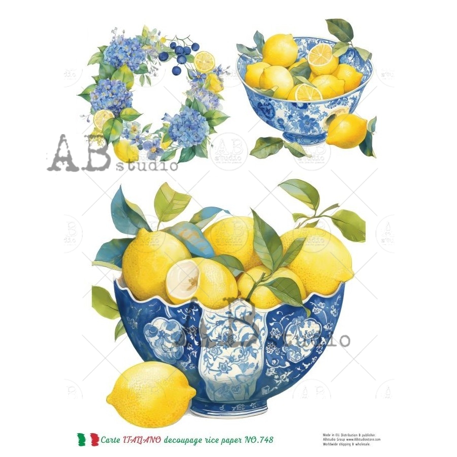 Hârtie de orez – Lemons and Hydrangea 2 - A4 1 Hârtie de orez – Lemons and Hydrangea 2 - A4
