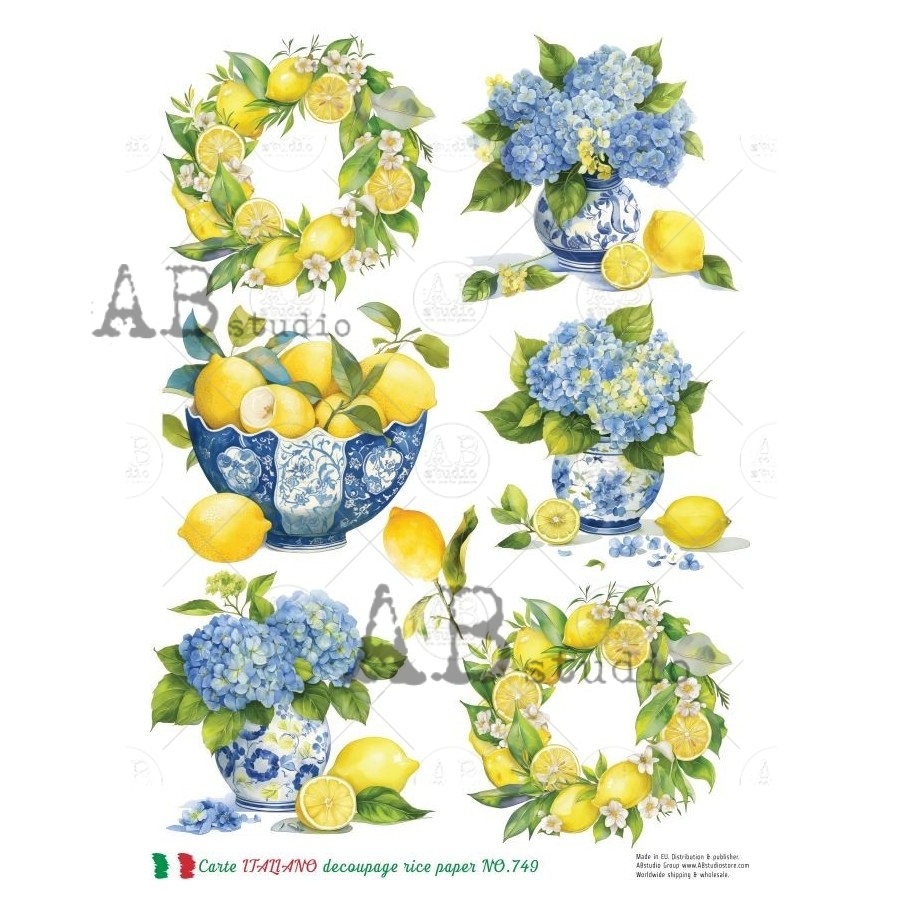 Hârtie de orez – Lemons and Hydrangea - A4 1 Hârtie de orez – Lemons and Hydrangea - A4