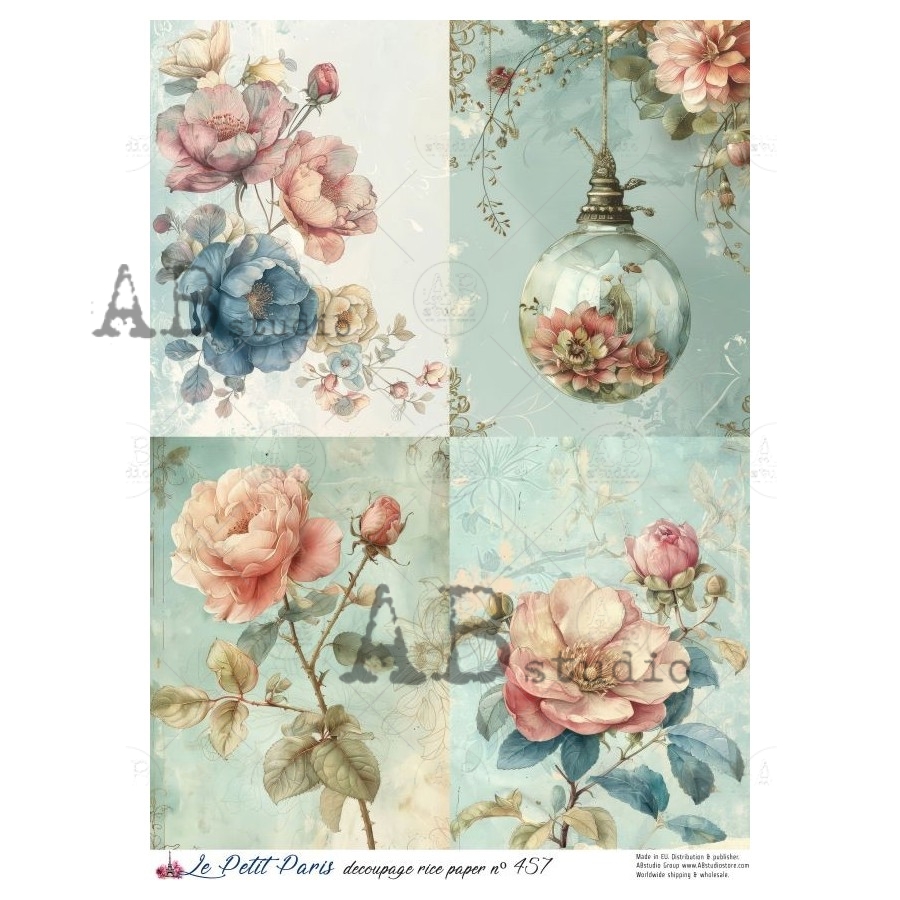 Hârtie de orez – Pink Roses – A4 1 Hârtie de orez – Pink Roses – A4
