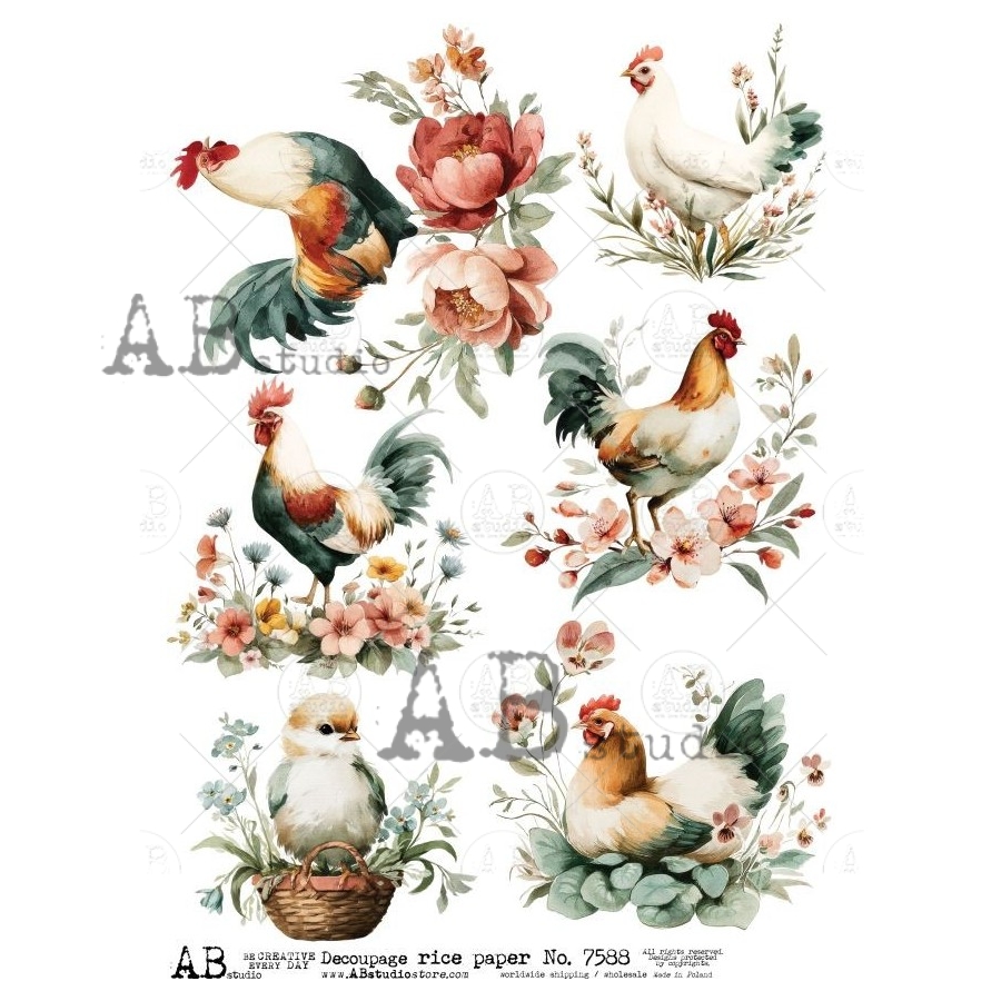 Hârtie de orez – Rooster and Hen - A4 1 Hârtie de orez – Rooster and Hen - A4