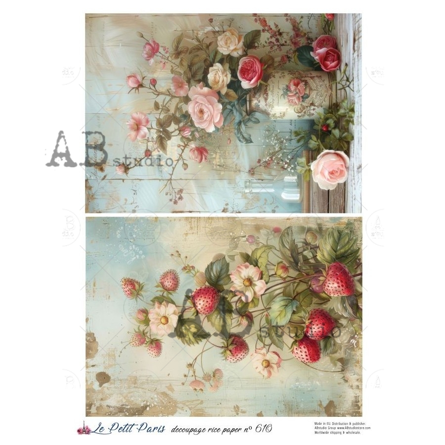 Hârtie de orez – Roses and Strawberries – A4 1 Hârtie de orez – Roses and Strawberries – A4