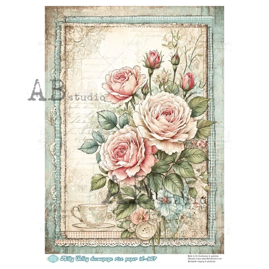 Hârtie de orez – Shabby Chic Roses – A4 1 Hârtie de orez – Shabby Chic Roses – A4
