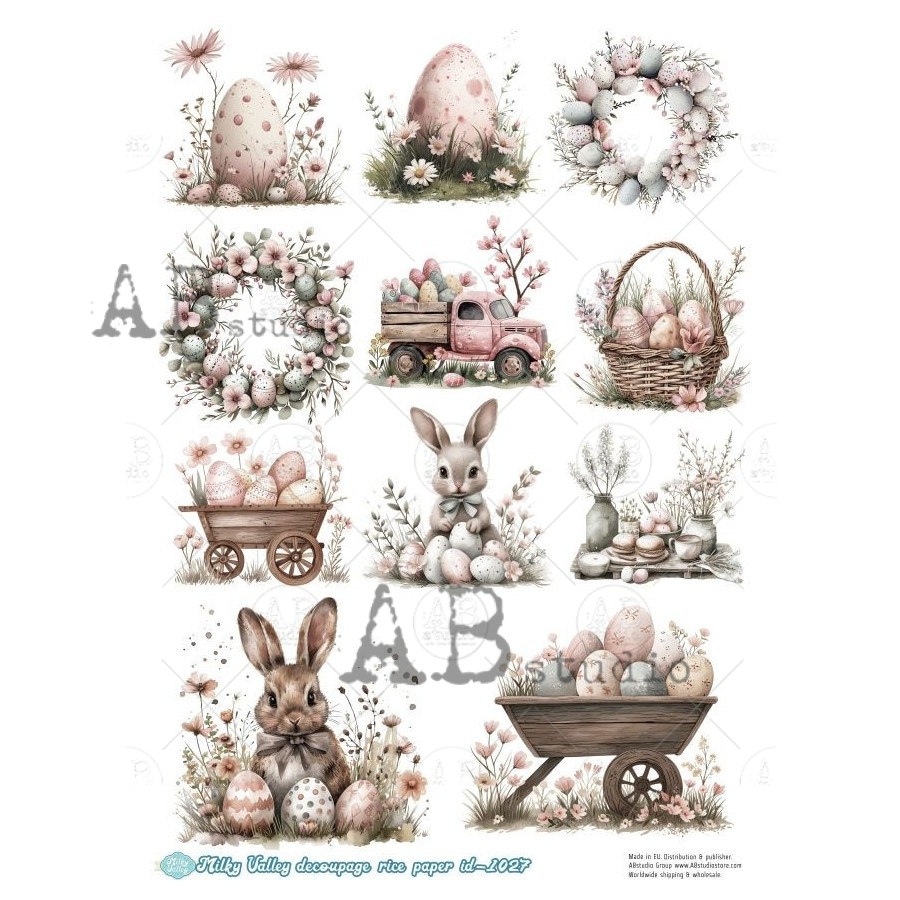 Hârtie de orez – Bunny, Eggs and Flowers – A4 1 Hârtie de orez – Bunny, Eggs and Flowers – A4