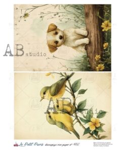 Hârtie de orez – Puppy and Birds – A4
