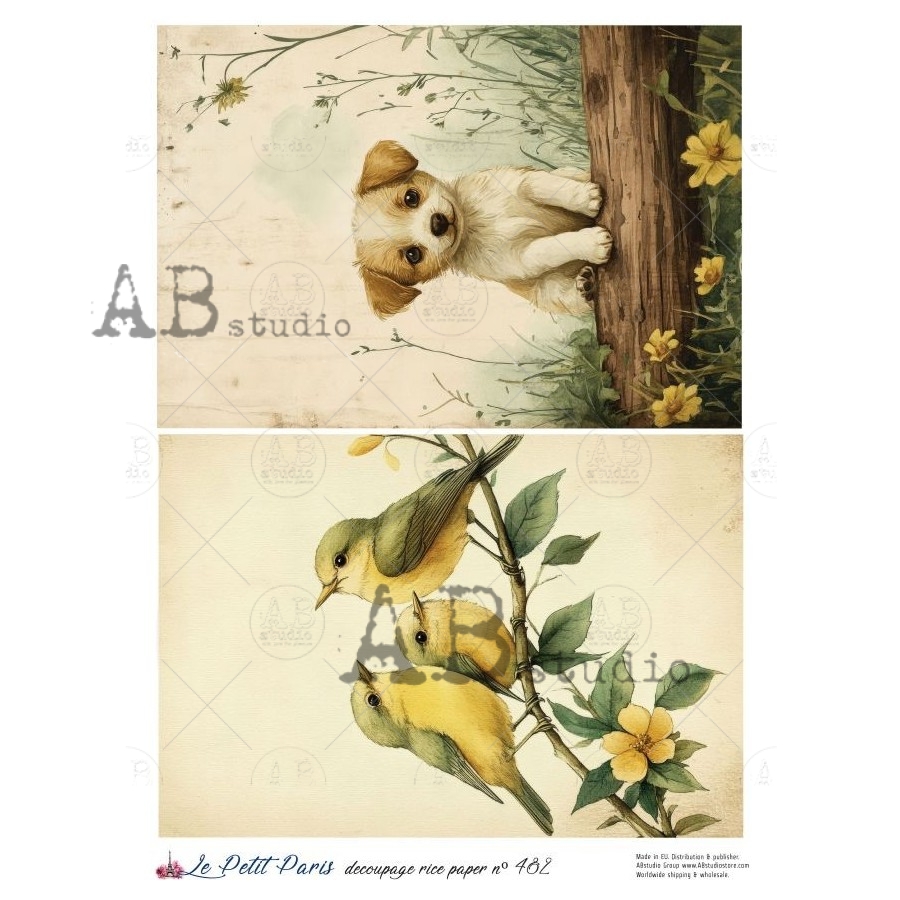 Hârtie de orez – Puppy and Birds – A4 1 Hârtie de orez – Puppy and Birds – A4