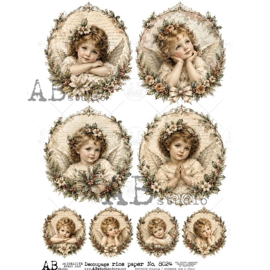 Hârtie de orez – Angels in Floral Wreath 2 – A4 1 Hârtie de orez – Angels in Floral Wreath 2 – A4