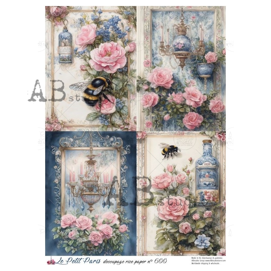 Hârtie de orez – Bee and Roses – A4 1 Hârtie de orez – Bee and Roses – A4