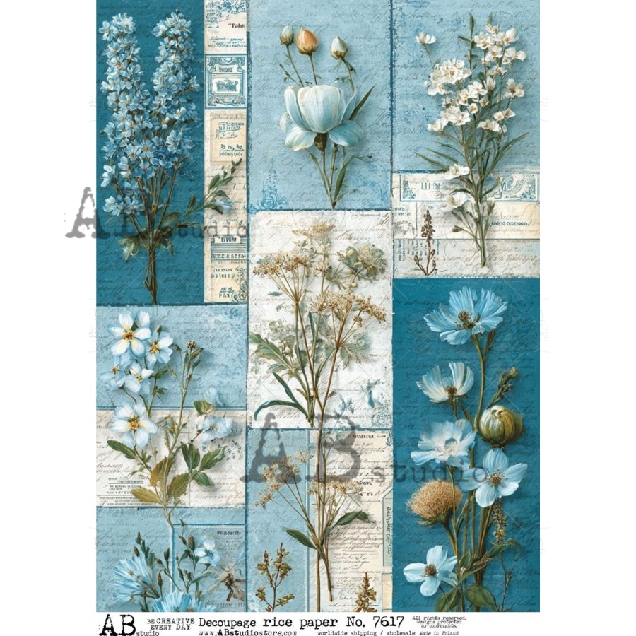 Hârtie de orez – Flowers in Blue – A4 1 Hârtie de orez – Flowers in Blue – A4