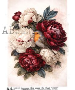 Hârtie de orez – Peonies and Robin – A4