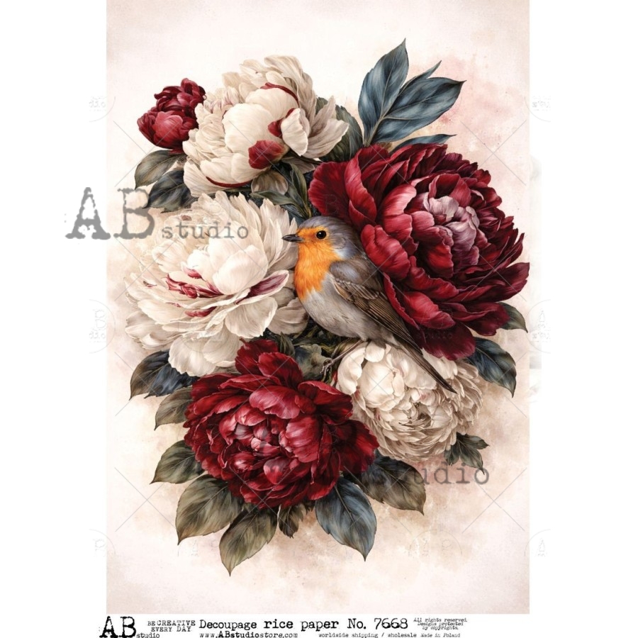Hârtie de orez – Peonies and Robin – A4 1 Hârtie de orez – Peonies and Robin – A4